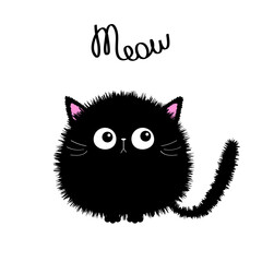 Cat Meow text. Black round fluffy kitten face head body, tail. Fat kitten. Cute cartoon character. Kawaii baby pet animal. Notebook cover, tshirt, greeting card print. Flat design. White background.