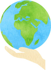 水彩で描いた地球と手のイラスト