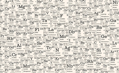 Table of chemical elements. Vector illustration of the characteristics of chemical elements arranged in a chaotic manner. Sketch for creativity.