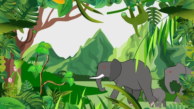 Jungle scene elephants walking 2d animation