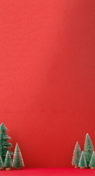 Christmas Pine Tree Group On Red Vertical Background.mockup Banner For Display Content Design