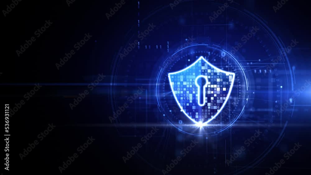 Poster digital data network protection, blue shield icon cybersecurity, future technology digital data glob