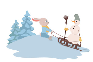Rabbit carries snowman on a sleigh. Winter design vector illustration.