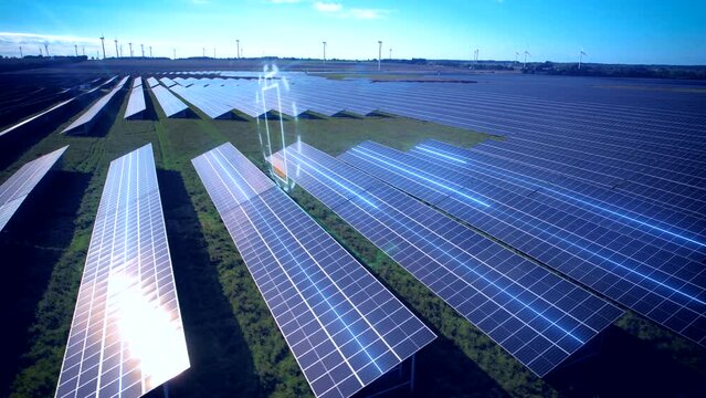 Aerial view of solar panel farm with unloaded battery motion graphic - Blue colored animation of  empty energy and gas storage on earth