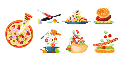 Set of main dishes and snacks isolated on white