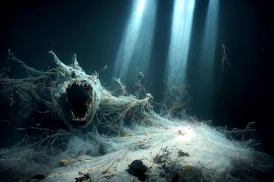 Tiefseelandschaft mit Monster und Lichtstrahlen - Fantasy Motiv