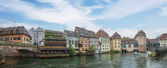 Fototapeta na wymiar Panoramic view of a region of the city of Strasbourg, France, known under the name of Little France.