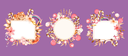 Candy frame for watercolor text. Birthday and holidays. Borders for text. Candies, lollipops and rainbow isolated on white background