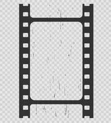 Obraz premium Grunge movie film strip, isolated filmstrip. Vintage vector reel frame with grainy texture on transparent background. Photo negative picture or cinema slide with scratched borders, retro photography