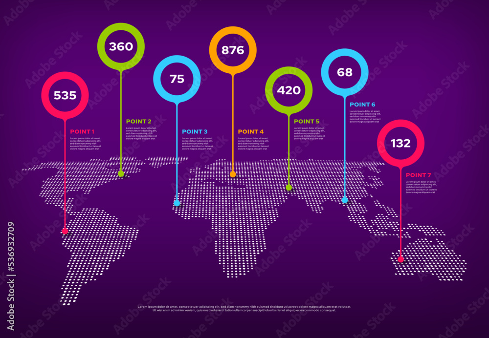 Poster world map infographic with pointers. country landmark marker, travel data, information visualization