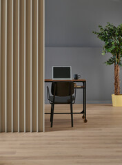 Grey and brown wall background style, cabinet, book and home accessory, vase of plant, armchair, blanket hang, interior room decoration.