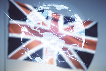 Double exposure of social network icons hologram and world map on British flag and blue sky background. Marketing and promotion concept