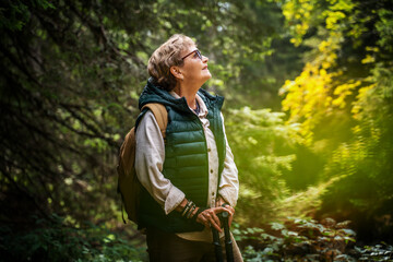 Active senior woman walking with Nordic poles while enjoying hike in beautiful autumn forest