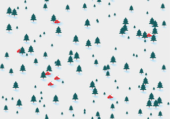 Vector illustration. A flat winter landscape with Christmas trees and red houses. A simple snow surface. Snowy weather. Winter season.