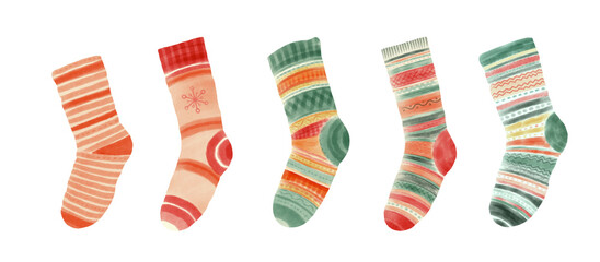 Watercolor Christmas colourful socks for presents isolated on white background.