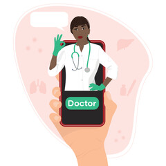 Telemedicine concept. Hand holding smartphone with doctor on the screen. Vector illustration