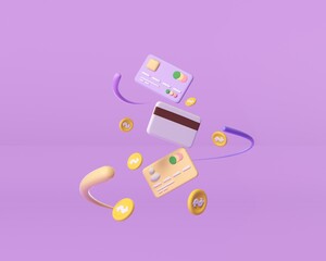 3D online payment concept with credit or debit card. Money transfer. Secure financial transaction. Coins floating on purple background. Minimal style. Illustration. 3d rendering.