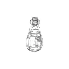 Hand drawn monochrome glass bottle with essential oil sketch style