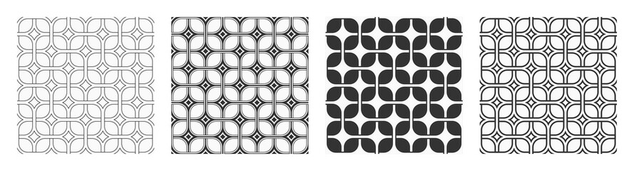 Set of four seamless lattice vector patterns. Weaving textures. Geometric lattices, grid outline patterns. Black and white interlace patterns. Geometric backgrounds.