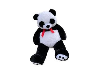 Panda bear doll isolated on transparent background, animal toy, teddy bear black and white color,...