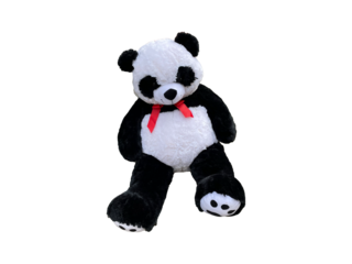 Panda bear doll isolated on transparent background, animal toy, teddy bear black and white color, closeup of cute panda toy with red ribbon, black rim of eyes