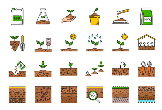 Color ground soil, agriculture and agronomy line icons, vector organic plant seedling. Garden seeds grow in earth, eco farm land and ground soil cultivation, farming and agrarian linear icons