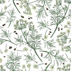 Fototapeta premium Seamless pattern with colorful hand drawn dill plants and seeds sketch style