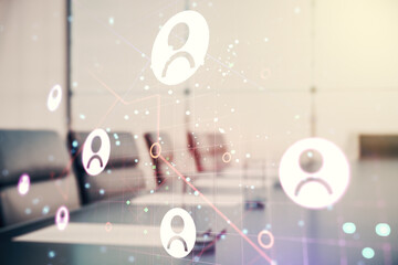 Abstract virtual social network hologram on a modern coworking room background. Double exposure
