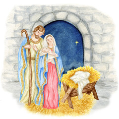 Christmas nativity scene with the Holy Family watercolor illustration, Madonna, child Jesus, Saint Joseph. Saint Virgin Mary holding baby Jesus Christ