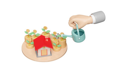 3d stage podium with businessman hands hold watering can, house, dollar stacked coin, tree isolated. business growth, fund, interest concept, 3d render illustration