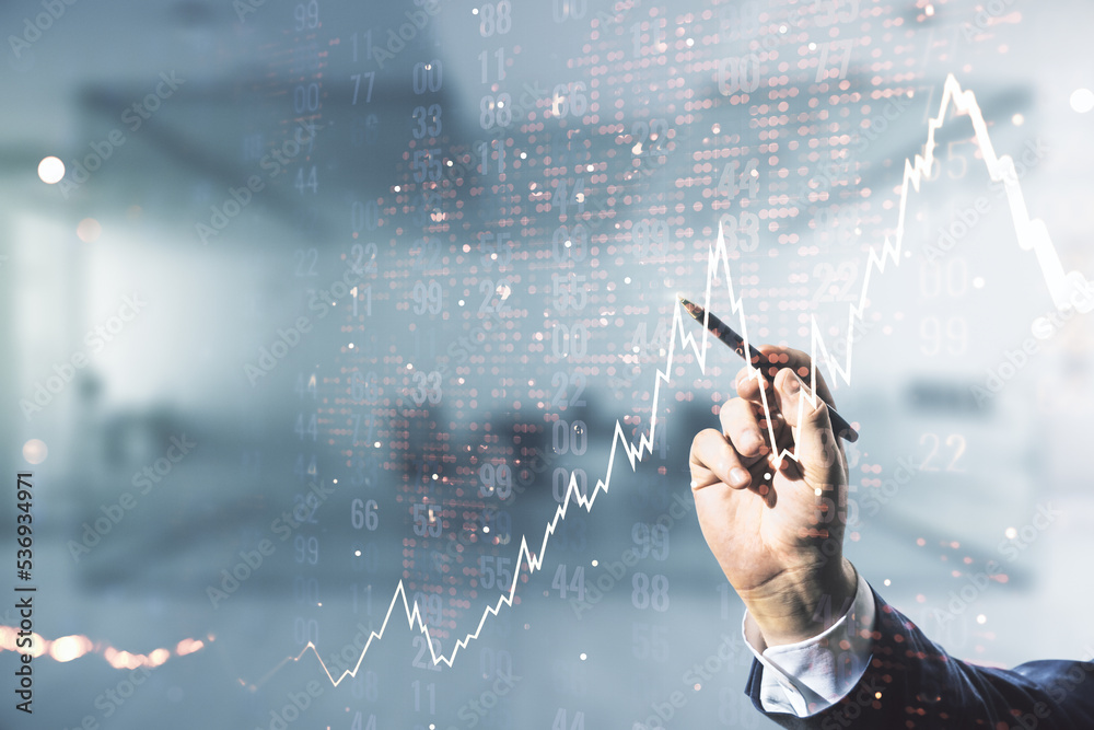 Poster multi exposure of man hand with pen working with abstract financial diagram and world map on blurred