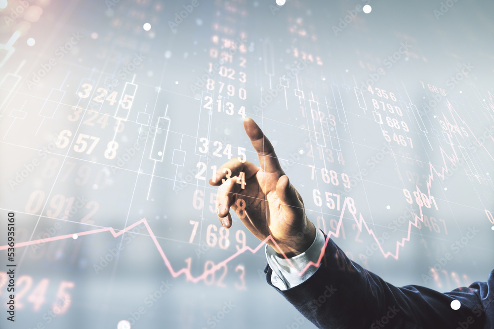 Poster Double exposure of male hand working with abstract creative statistics data hologram on blurred office background, analytics and forecasting concept