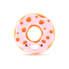 Cartoon donut character. Funny vector dessert with glaze and sprinkles. Kawaii bakery confectionery personage with smiling face. Doughnut bakehouse production, baked sweets of kids fast food menu