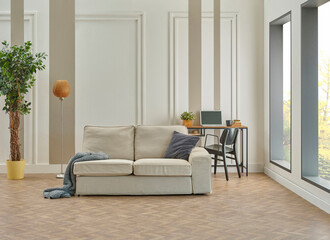 Decorative white and brown vertical wall background, home design, sofa working table, red chair, vase of plant, book accessory, lamp, middle table on the modern wood parquet.