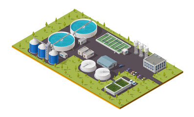 Isometric treatment plant, water sewage and wastewater filtration or purification system. Vector waste water treatment plant with tank reservoirs and pipes, 3d isometric facilities - obrazy, fototapety, plakaty