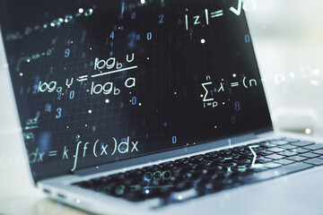 Creative scientific formula illustration on modern computer background, science and research concept. Multiexposure