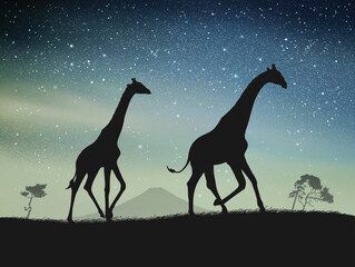 Giraffes walk in savannah. Animal silhouette. Night blue starry sky