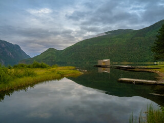 Breathtaking views of the shores of the lake Vinje, part of the Telemark canal, in Dalen, Tokke, Telemark, Norway.