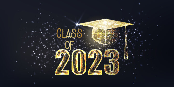 Futuristic graduation class of 2023 banner concept with glowing low polygonal golden graduation cap 