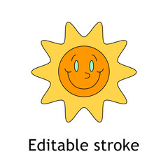 Psychedelic hippie smiley sun sticker. Funky retro 70s groovy stickers - isolated vector