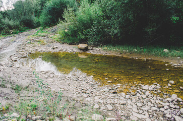 mountain river between sheer cliffs . blue clear water of the river. Young green leaves of trees