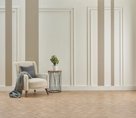 Decorative white and brown vertical wall background, home design, sofa working table, red chair, vase of plant, book accessory, lamp, middle table on the modern wood parquet.