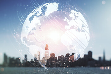 Multi exposure of abstract graphic world map on San Francisco cityscape background, big data and networking concept