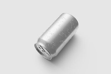 Aluminium drink can 330ml with water drops mockup template, isolated on light grey background. High resolution.