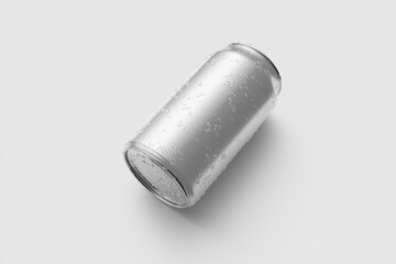 Aluminium drink can 330ml with water drops mockup template, isolated on light grey background. High resolution.