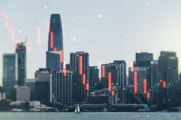 Double exposure of abstract virtual global crisis chart and world map hologram on San Francisco city skyscrapers background. Financial crisis and recession concept