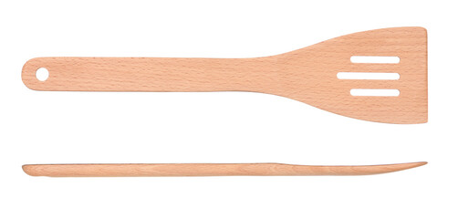 Wooden slotted spatula front and side view isolated on white background. New clean kitchen turner.