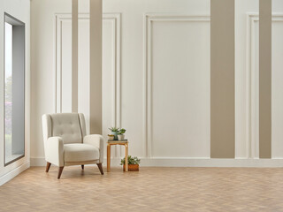 Decorative white and brown vertical wall background, home design, sofa working table, red chair, vase of plant, book accessory, lamp, middle table on the modern wood parquet.