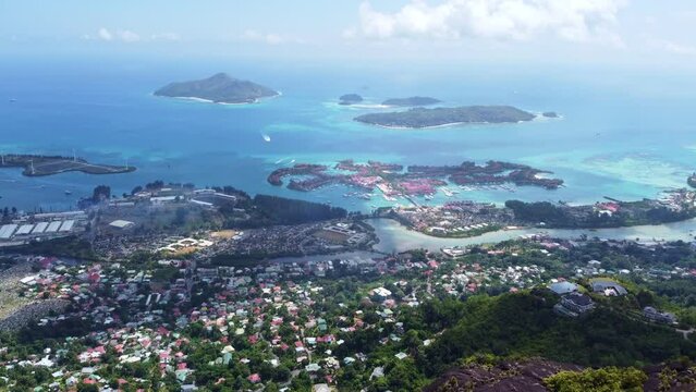 view from a height of the Seychelles. Cityscape on the coast of the Indian Ocean on Mahe islans