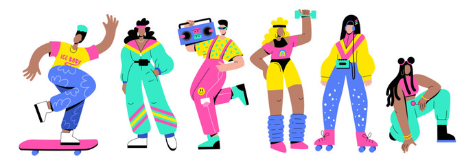 A set of fashionable retro people of the 90s, 80s. Women and men in bright clothes. Retro style party